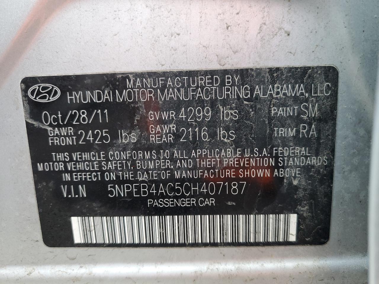 2012 Hyundai Sonata VIN 5NPEB4AC5CH407187 Copart auction photo, front end / side damage thumbnail 12
