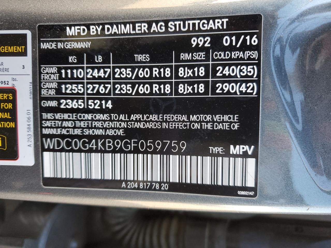 2016 Mercedes-Benz GLC VIN WDC0G4KB9GF059759 Copart auction photo, front end / side damage thumbnail 13