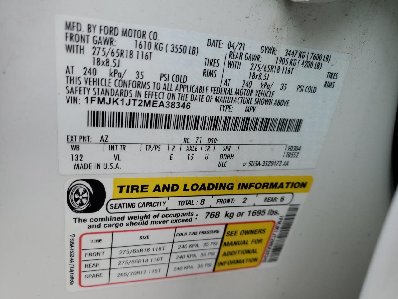 2021 Ford Expedition VIN 1FMJK1JT2MEA38346 Copart auction photo, front end damage thumbnail 14