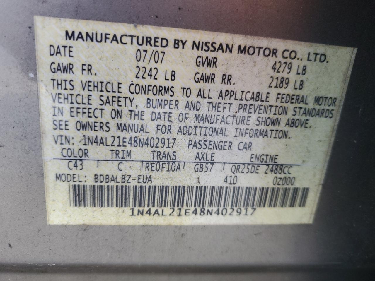 2008 Nissan Altima VIN 1N4AL21E48N402917 Copart auction photo, all over damage thumbnail 12