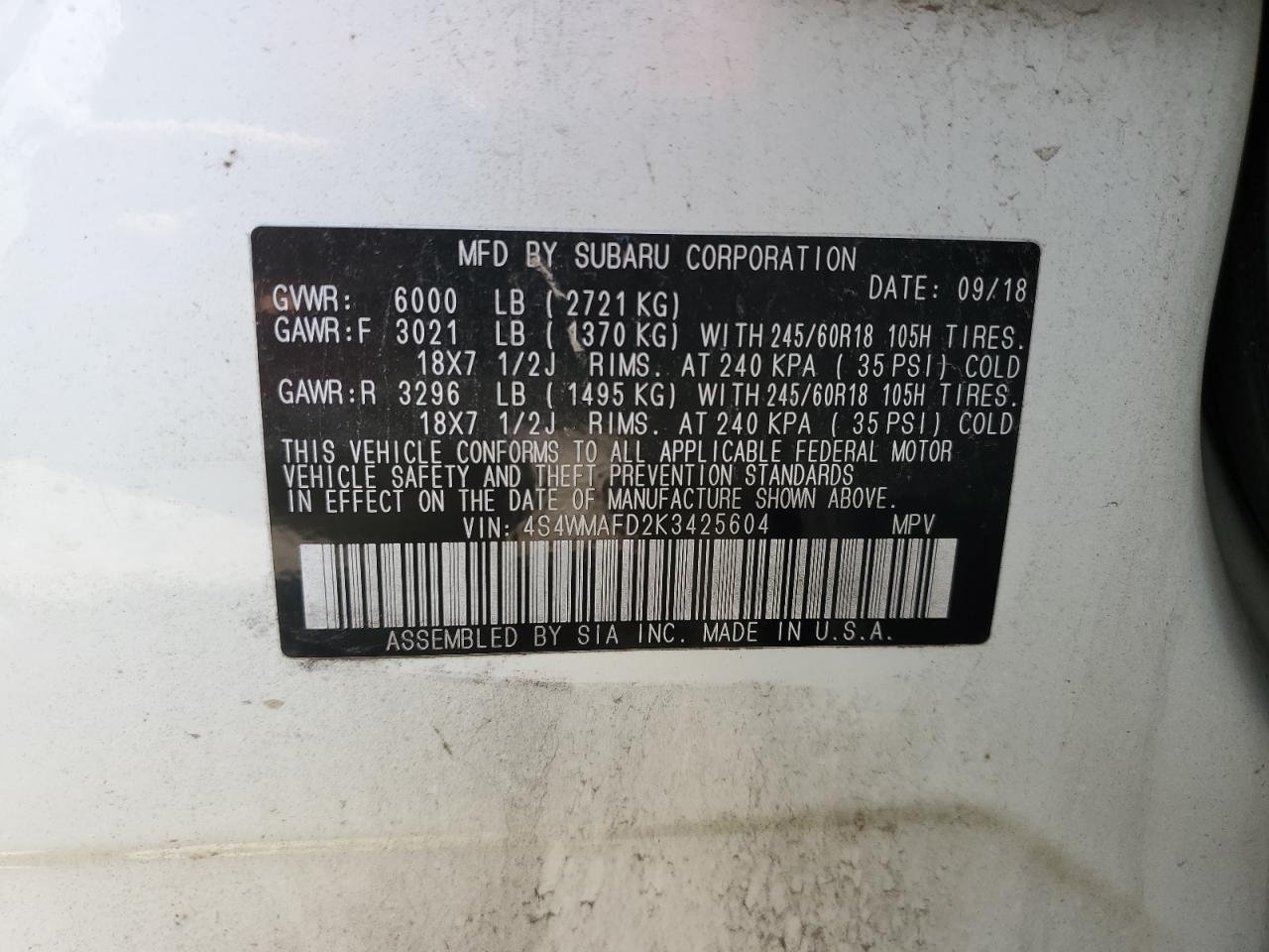 2019 Subaru Ascent VIN 4S4WMAFD2K3425604 Copart auction photo, front end / minor dent/scratches damage thumbnail 13