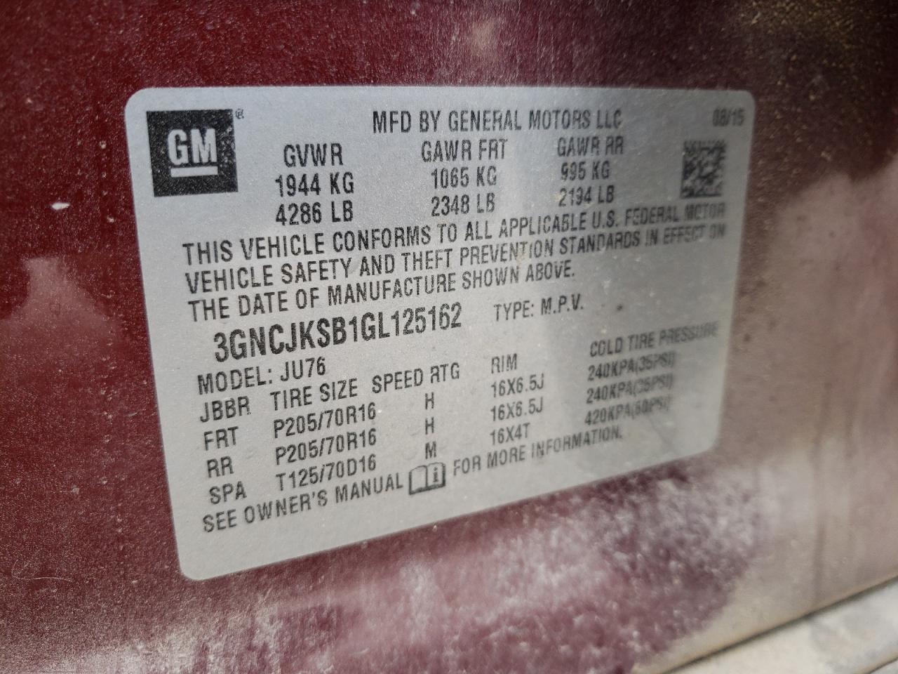 2016 Chevrolet Trax VIN 3GNCJKSB1GL125162 Copart auction photo, all over damage thumbnail 10