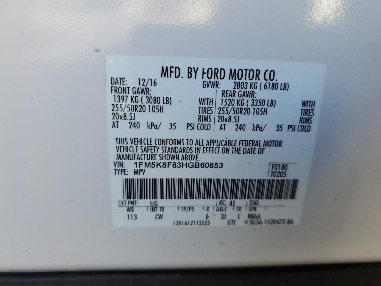 2017 Ford Explorer VIN 1FM5K8F83HGB60853 Copart auction photo, front end / side damage thumbnail 13