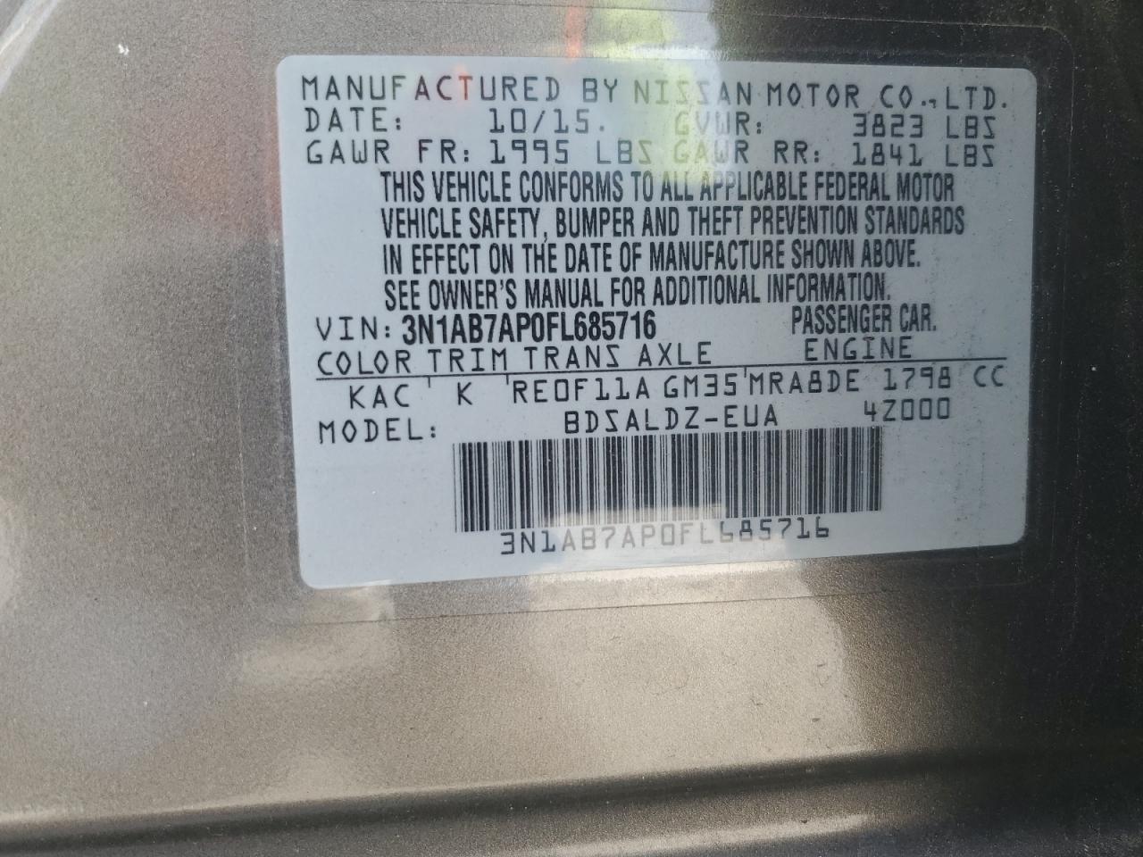2015 Nissan Sentra VIN 3N1AB7AP0FL685716 Copart auction photo, mechanical / minor dent/scratches damage thumbnail 12