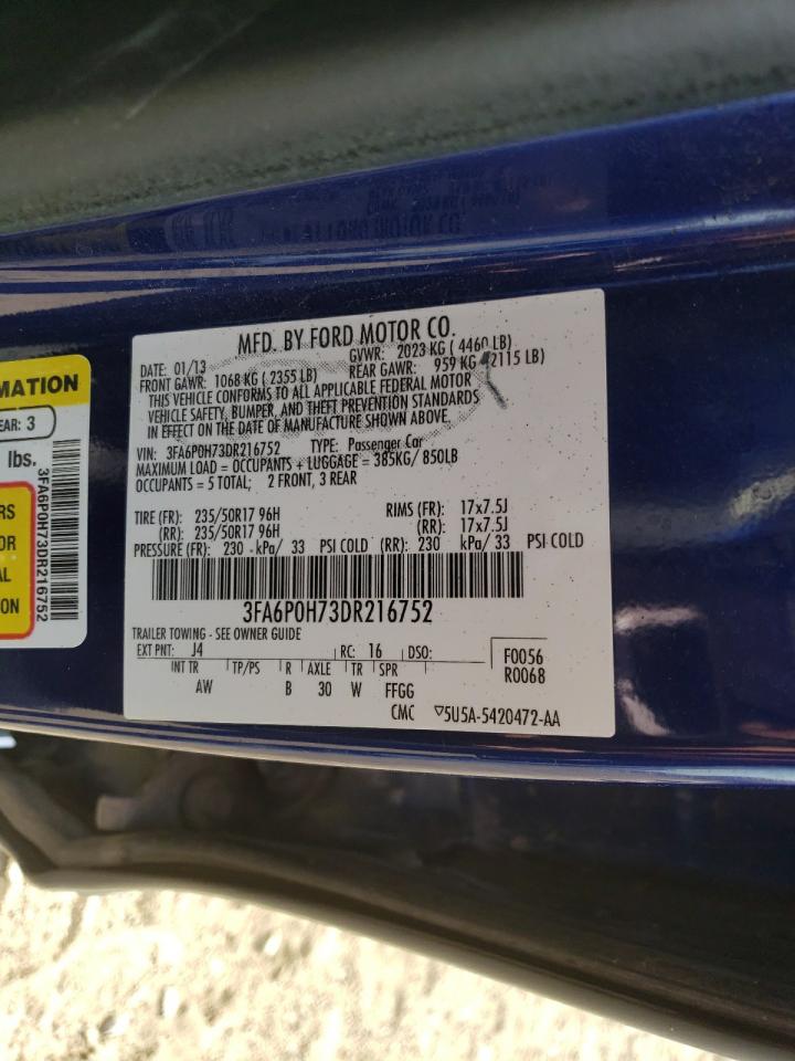 2013 Ford Fusion VIN 3FA6P0H73DR216752 Copart auction photo, front end damage thumbnail 12