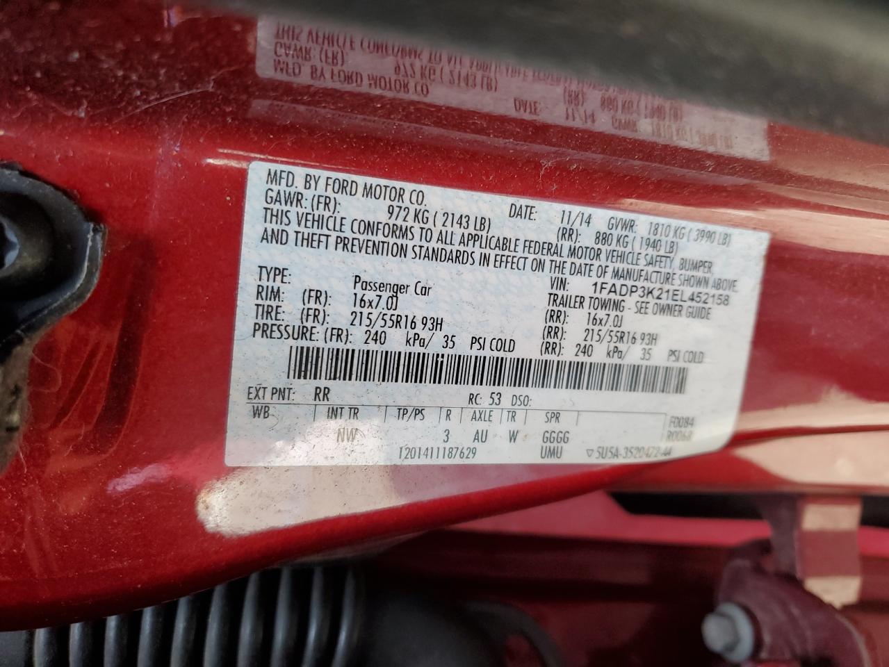 2014 Ford Focus VIN 1FADP3K21EL452158 Copart auction photo, undercarriage / all over damage thumbnail 14