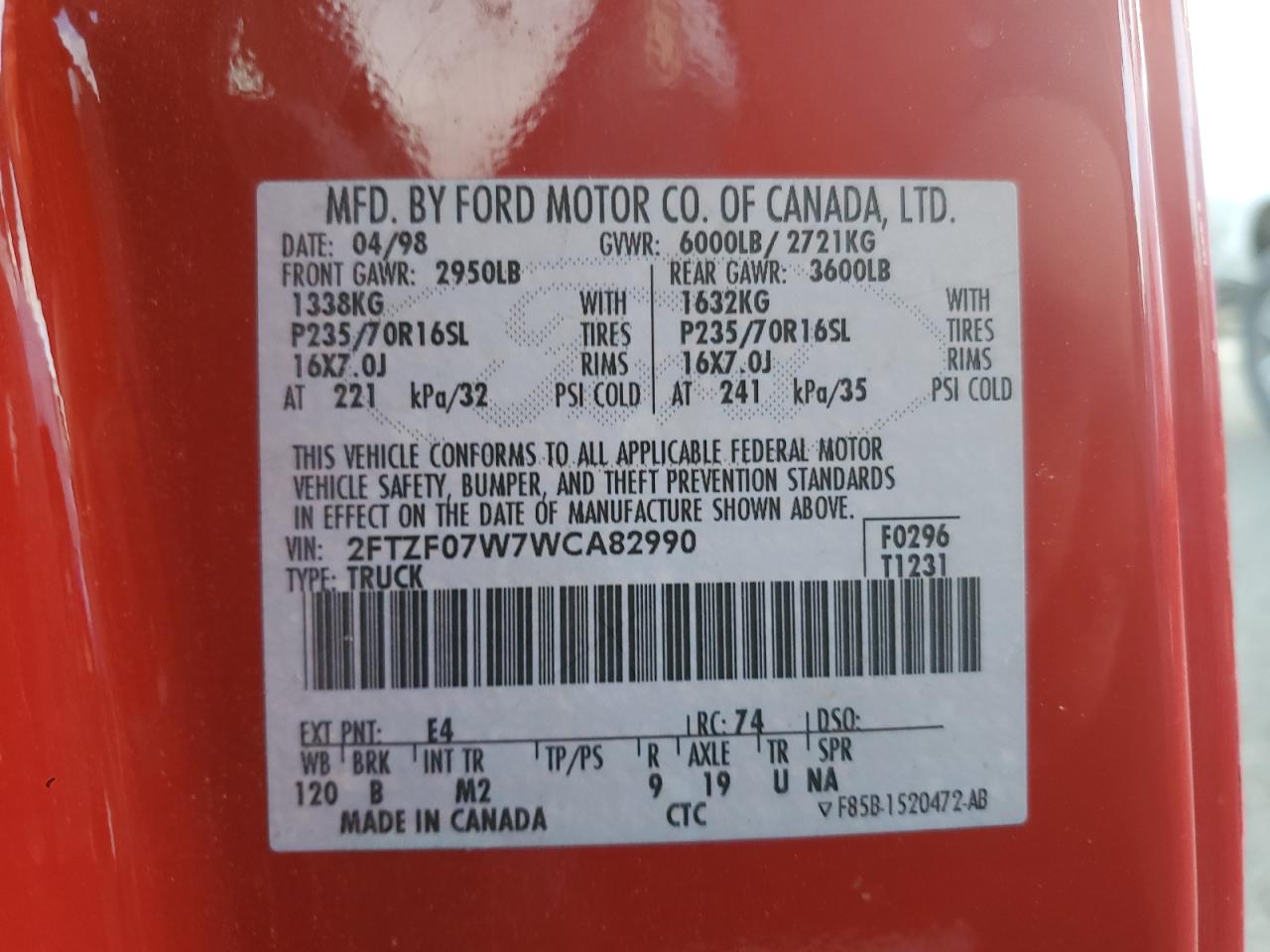1998 Ford F-150 VIN 2FTZF07W7WCA82990 Copart auction photo, front end damage thumbnail 12