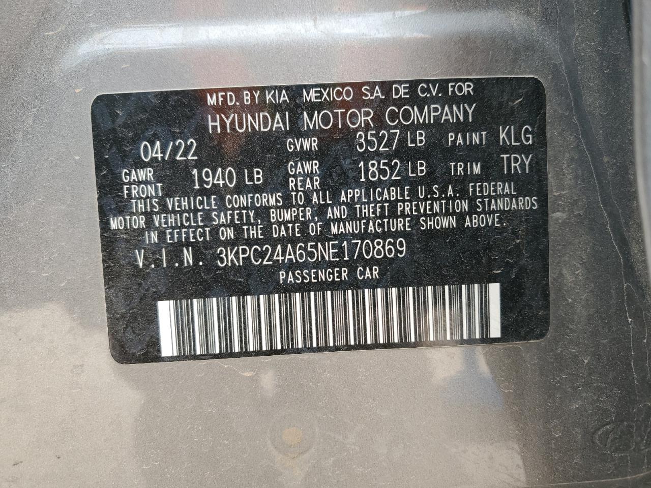 2022 Hyundai Accent VIN 3KPC24A65NE170869 Copart auction photo, side damage thumbnail 15