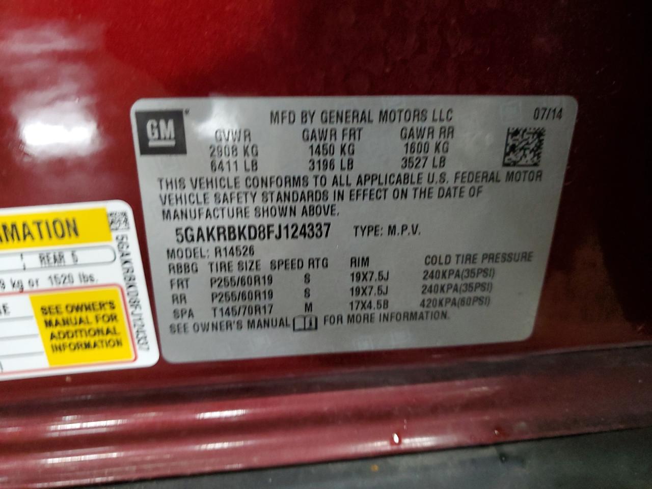 2015 Buick Enclave VIN 5GAKRBKD8FJ124337 Copart auction photo, side damage thumbnail 13
