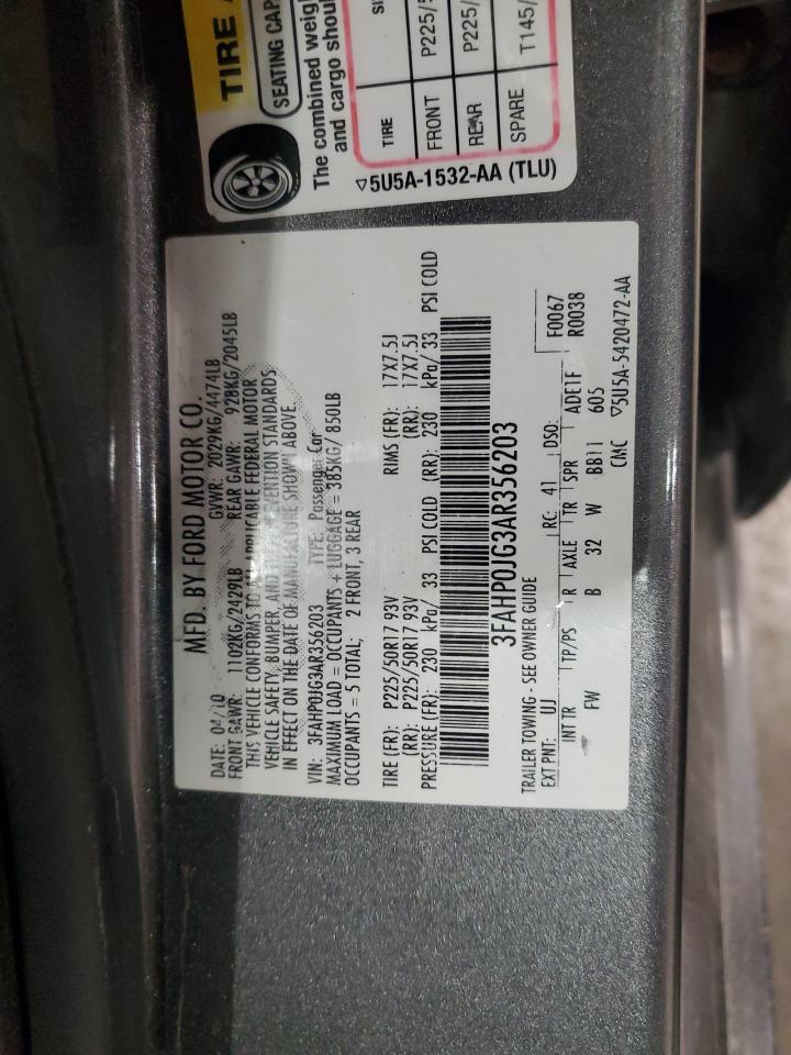2010 Ford Fusion VIN 3FAHP0JG3AR356203 Copart auction photo, front end damage thumbnail 12