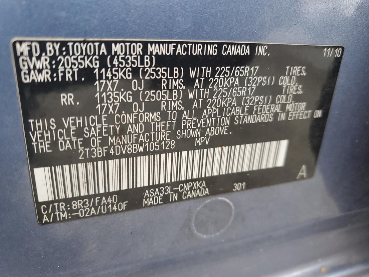 2011 Toyota RAV 4 VIN 2T3BF4DV8BW105128 Copart auction photo, side / rear end damage thumbnail 13