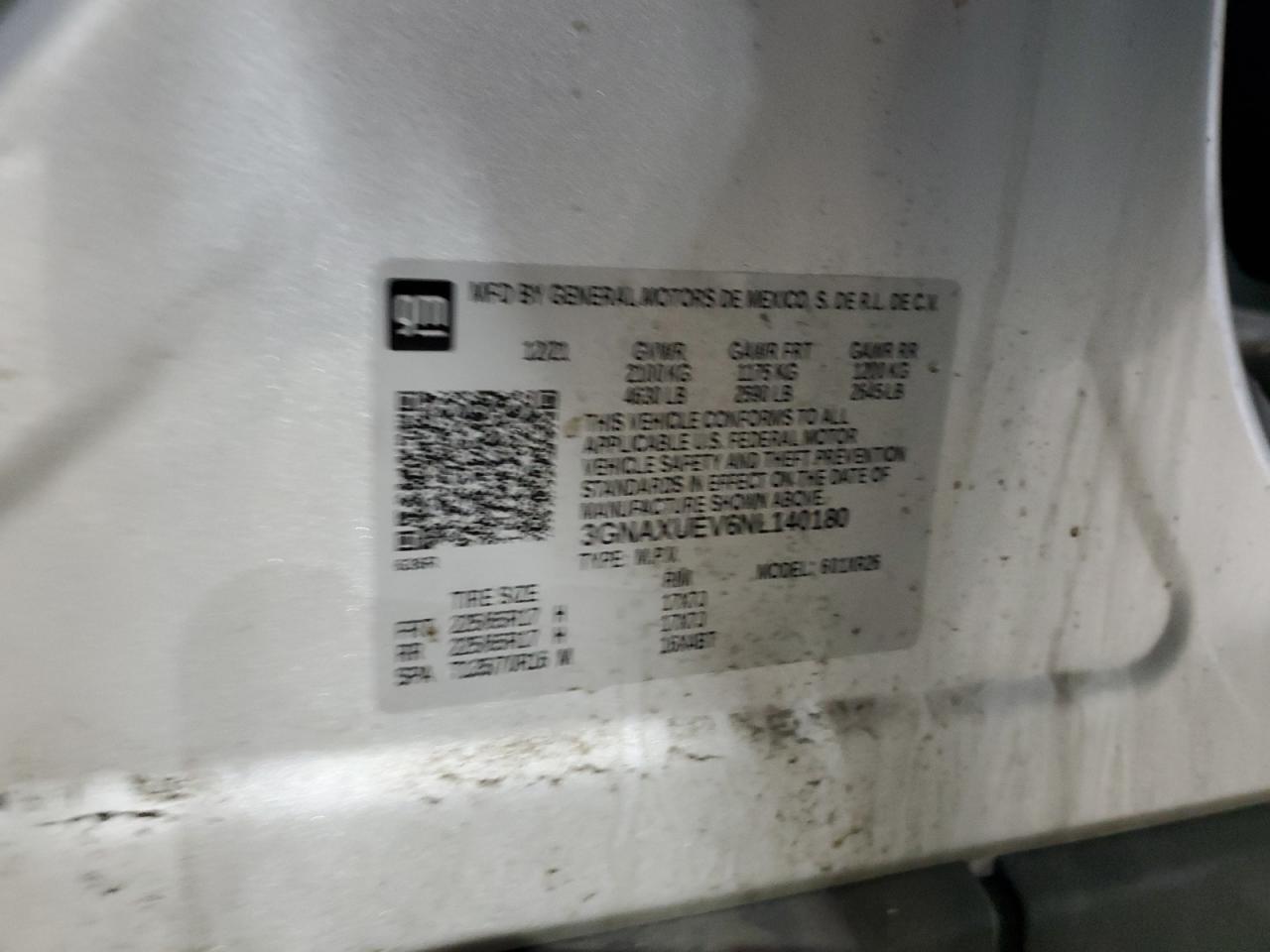 2022 Chevrolet Equinox VIN 3GNAXUEV6NL140180 Copart auction photo, front end / minor dent/scratches damage thumbnail 13