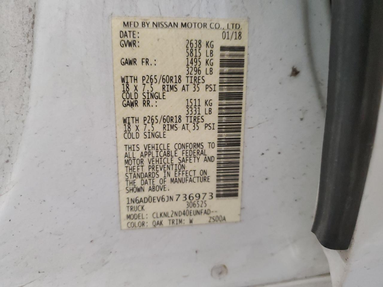 2018 Nissan Navara (Frontier) VIN 1N6AD0EV6JN736973 Copart auction photo, front end / side damage thumbnail 14