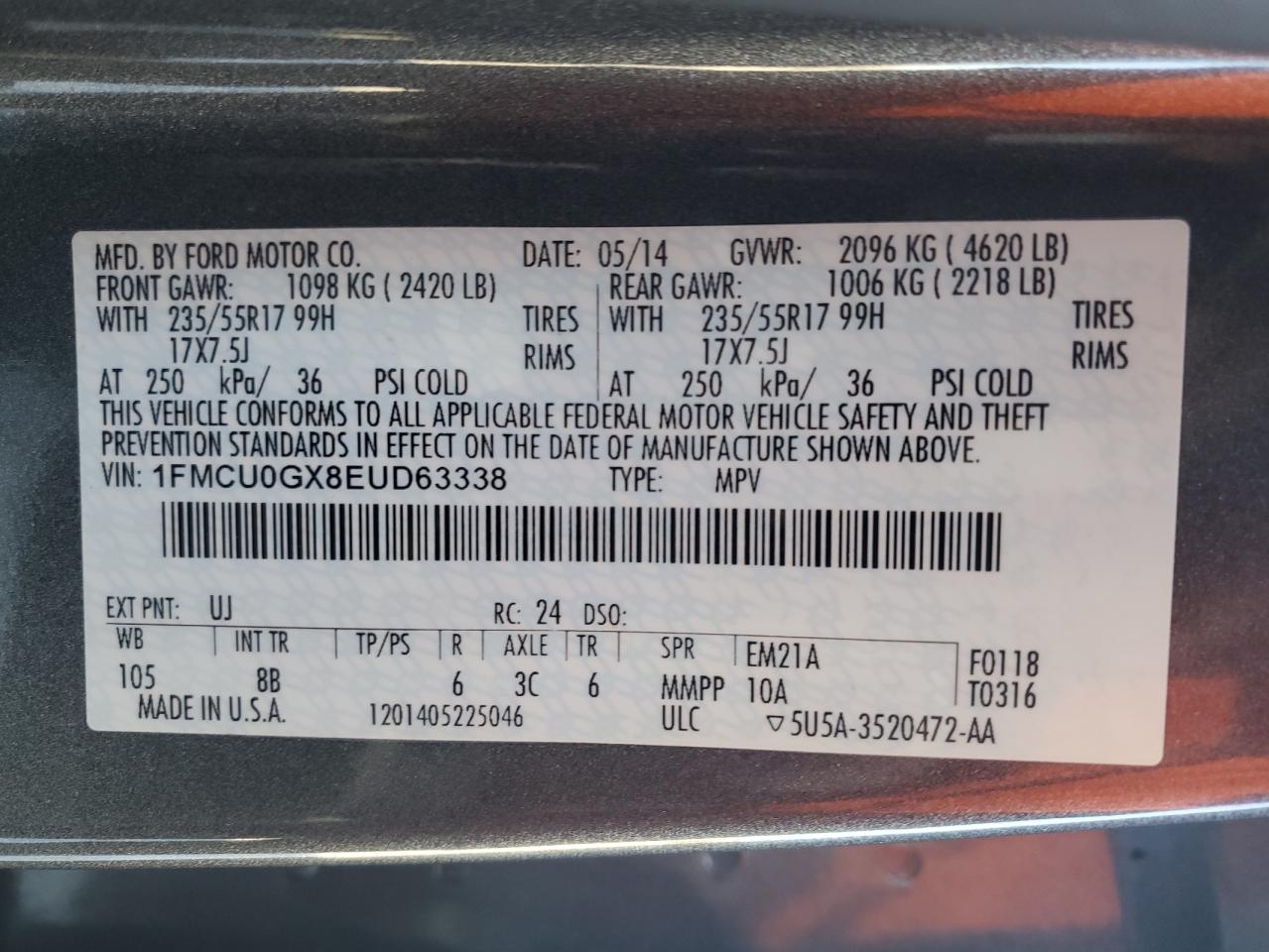 2014 Ford Escape VIN 1FMCU0GX8EUD63338 Copart auction photo, front end damage thumbnail 13