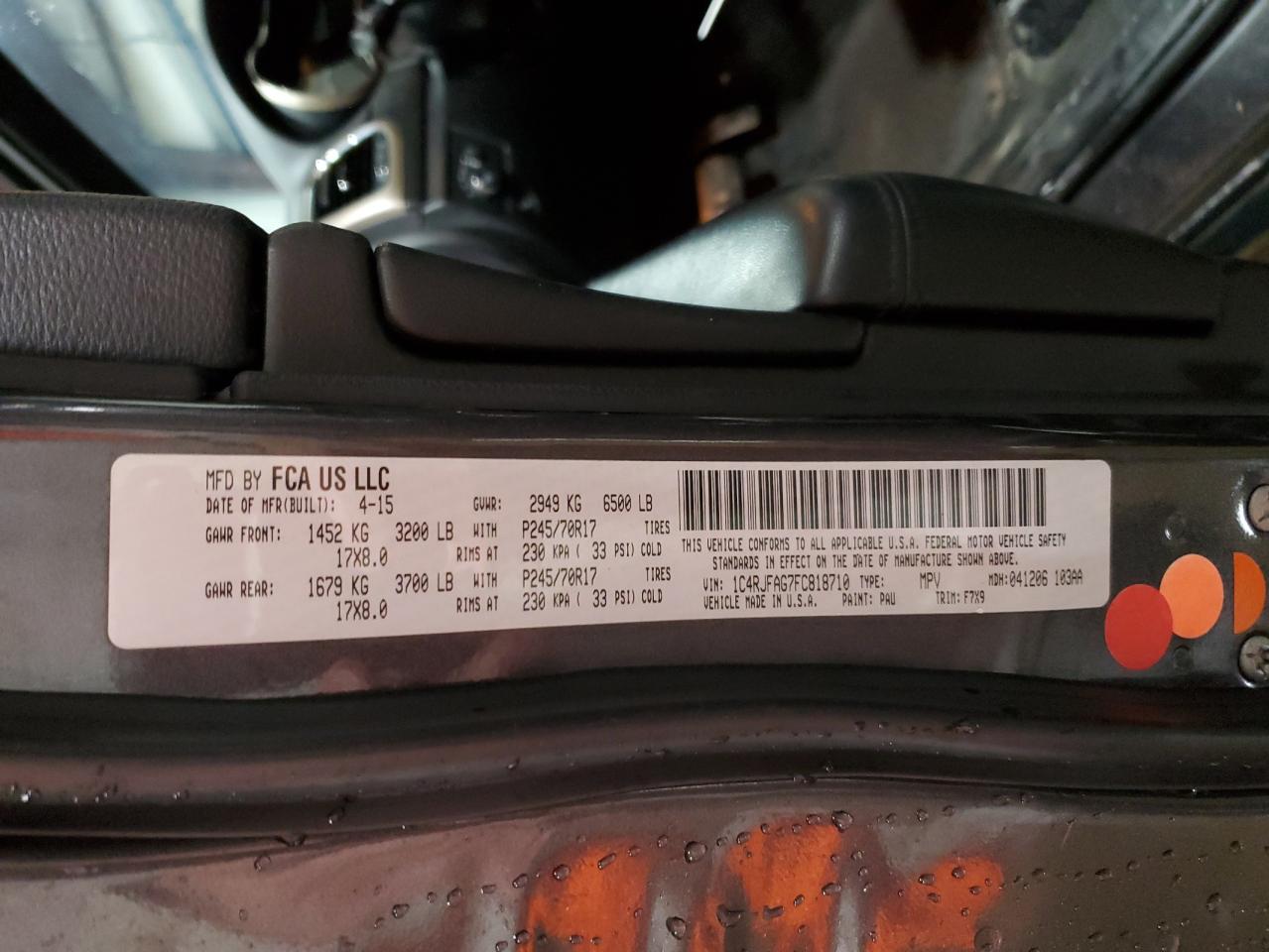 2015 Jeep Grand Cherokee VIN 1C4RJFAG7FC818710 Copart auction photo, front end damage thumbnail 14