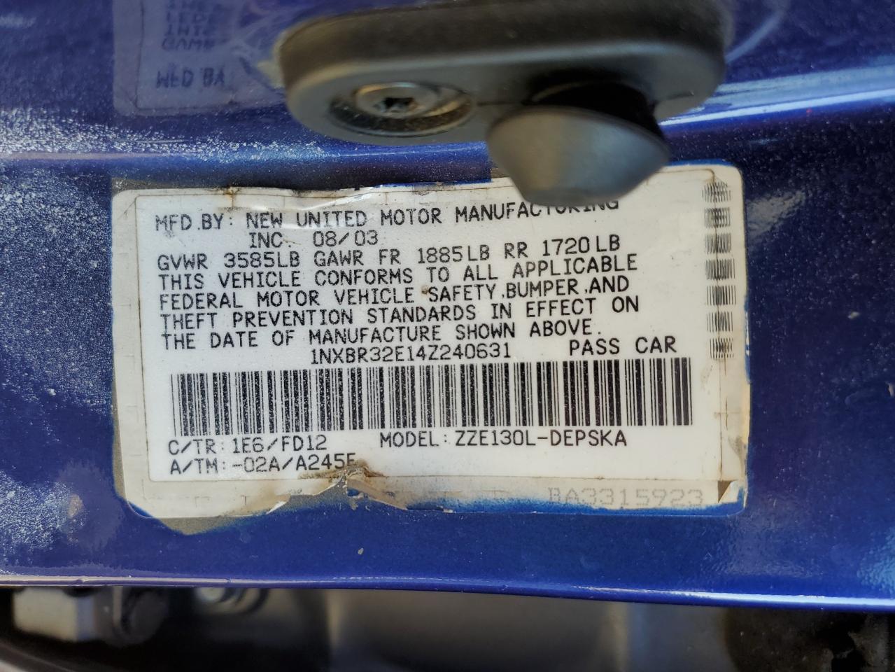 2004 Toyota Corolla VIN 1NXBR32E14Z240631 Copart auction photo, biohazard/chemical / burn - engine damage thumbnail 12