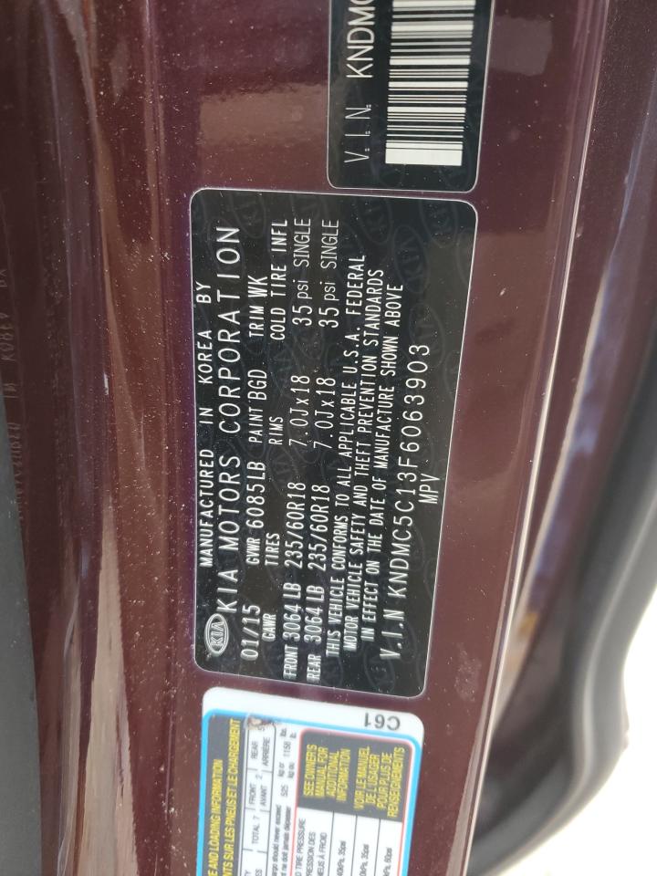 2015 KIA Sedona VIN KNDMC5C13F6063903 Copart auction photo, rear end damage thumbnail 13