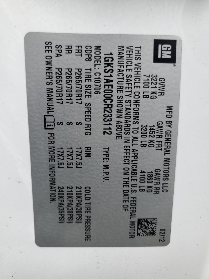 2012 GMC Yukon VIN 1GKS1AE00CR233112 Copart auction photo, front end damage thumbnail 14