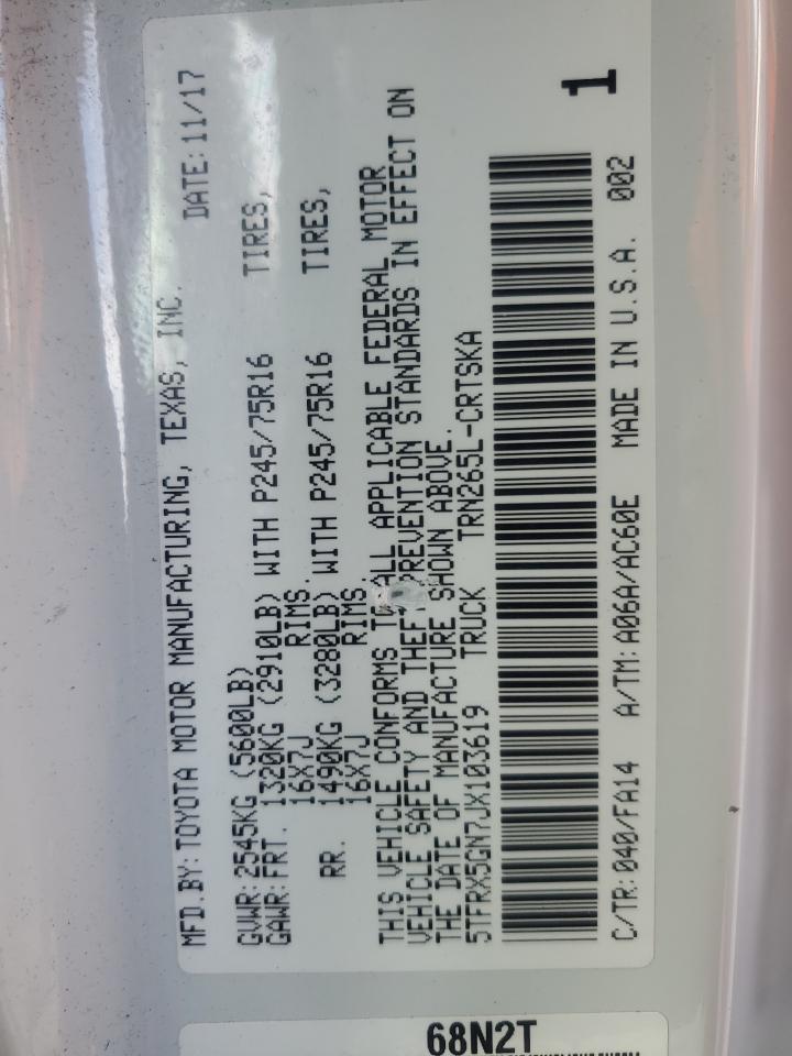 2018 Toyota Tacoma VIN 5TFRX5GN7JX103619 Copart auction photo, front end / minor dent/scratches damage thumbnail 14