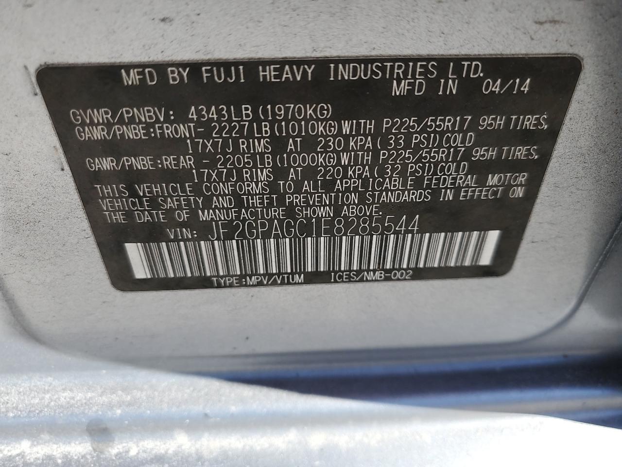 2014 Subaru XV VIN JF2GPAGC1E8285544 Copart auction photo, side / rear end damage thumbnail 14