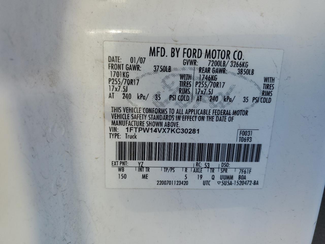 2007 Ford F-150 VIN 1FTPW14VX7KC30281 Copart auction photo, front end damage thumbnail 12