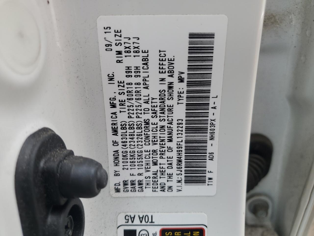 2015 Honda CR-V VIN 5J6RM4H99FL132293 Copart auction photo, rear end damage thumbnail 14