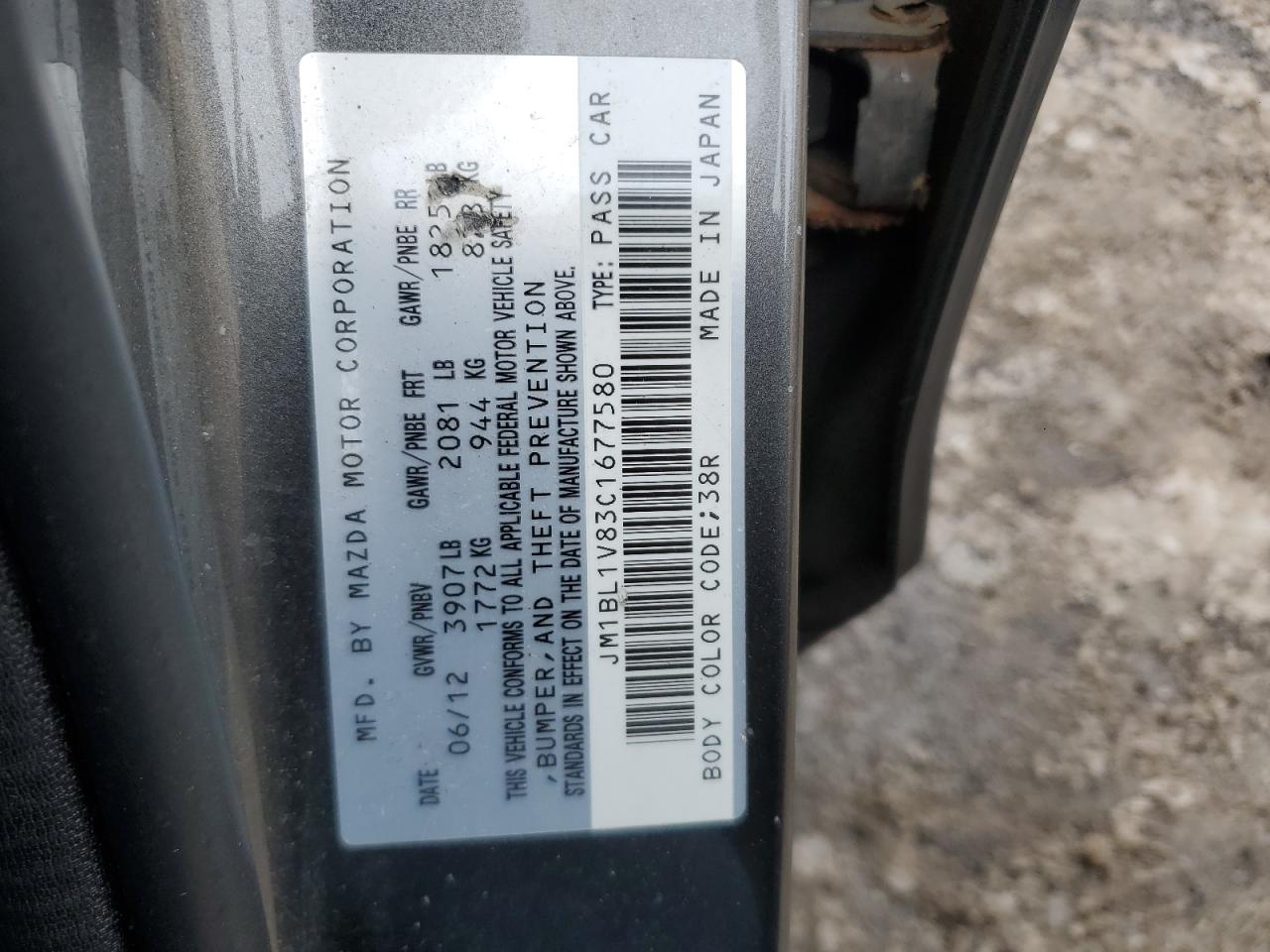2012 Mazda 3 VIN JM1BL1V83C1677580 Copart auction photo, side / rear end damage thumbnail 12