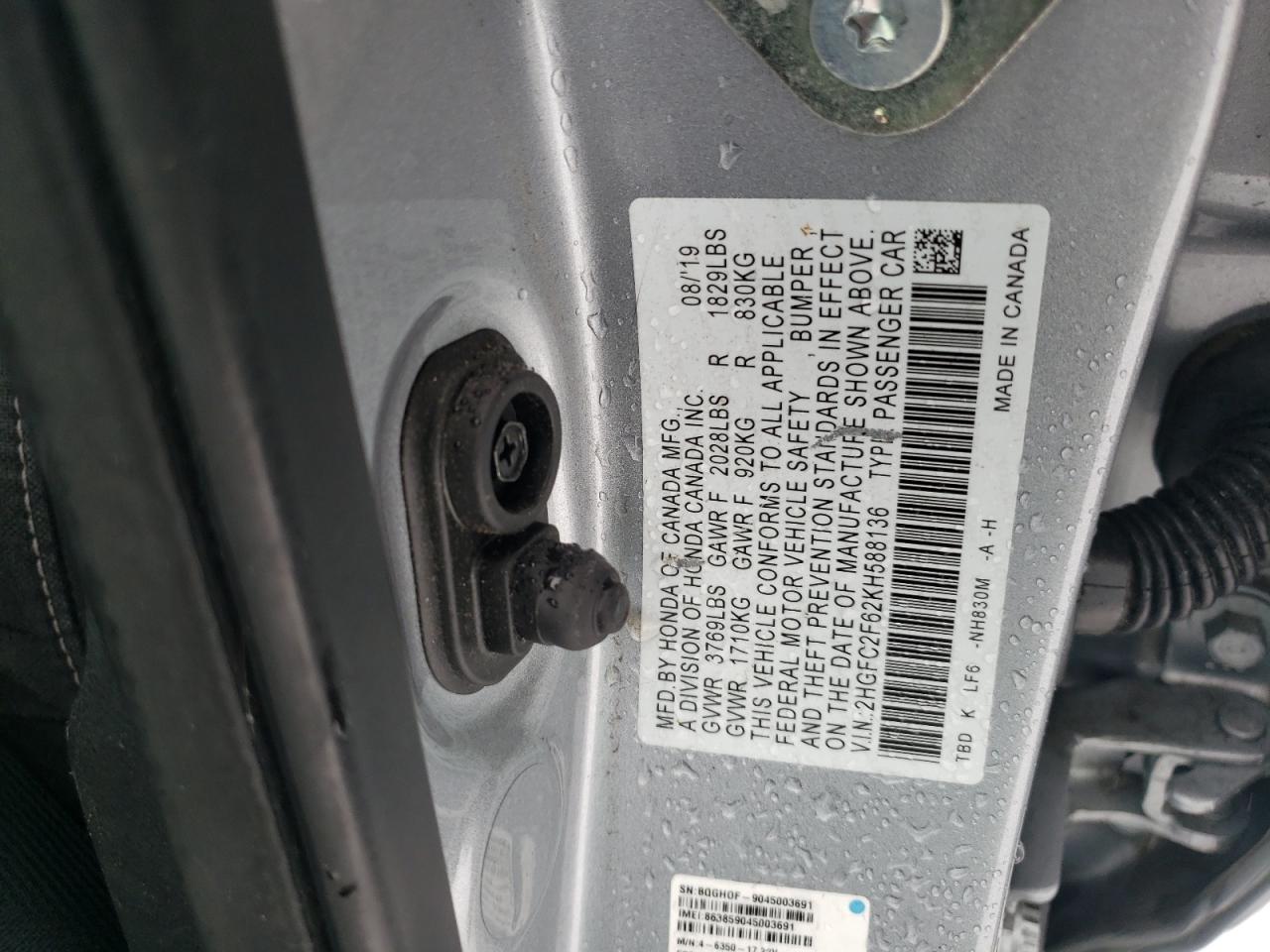 2019 Honda Civic VIN 2HGFC2F62KH588136 Copart auction photo, all over damage thumbnail 12