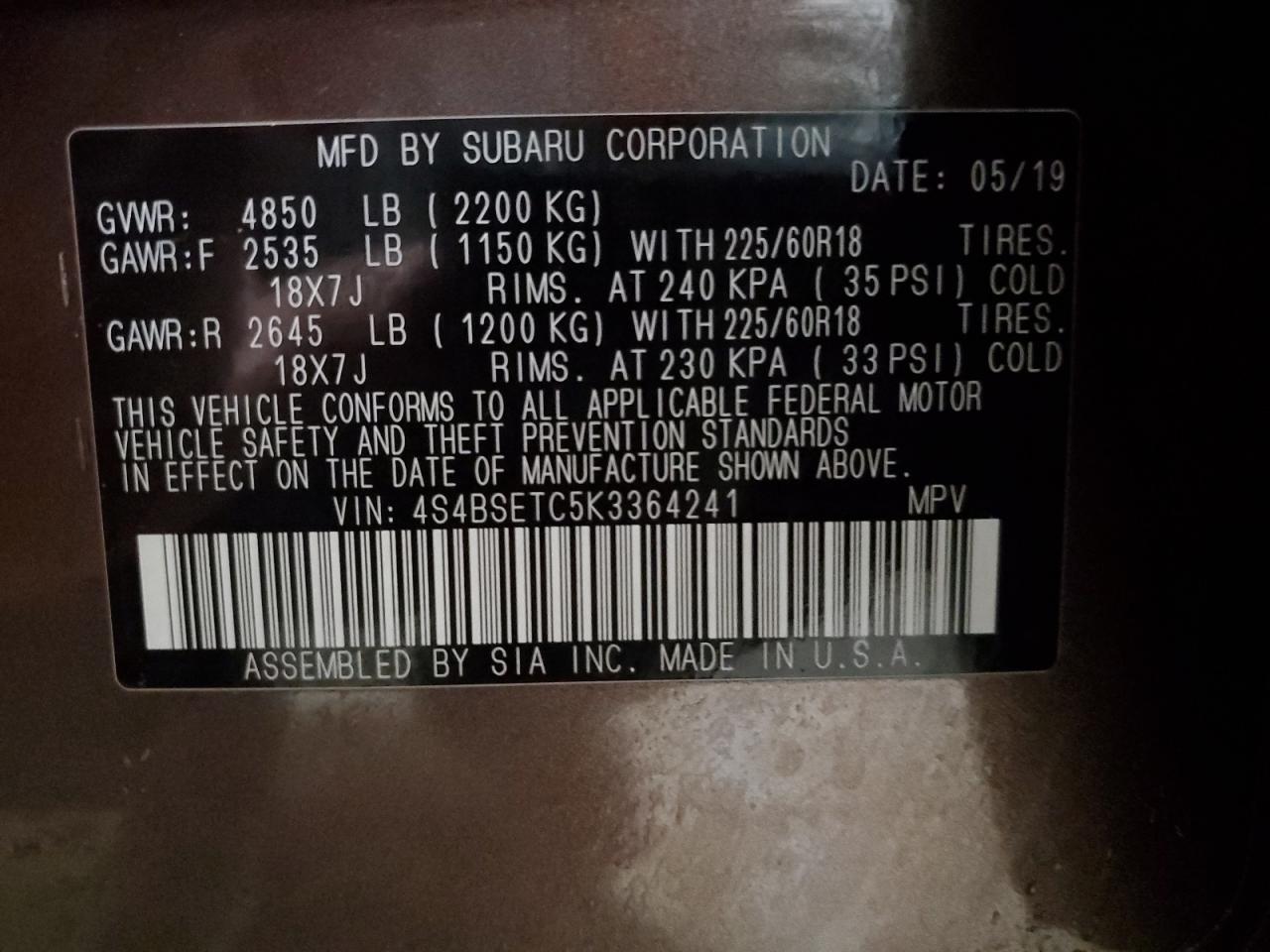 2019 Subaru Outback VIN 4S4BSETC5K3364241 Copart auction photo, front end / minor dent/scratches damage thumbnail 14