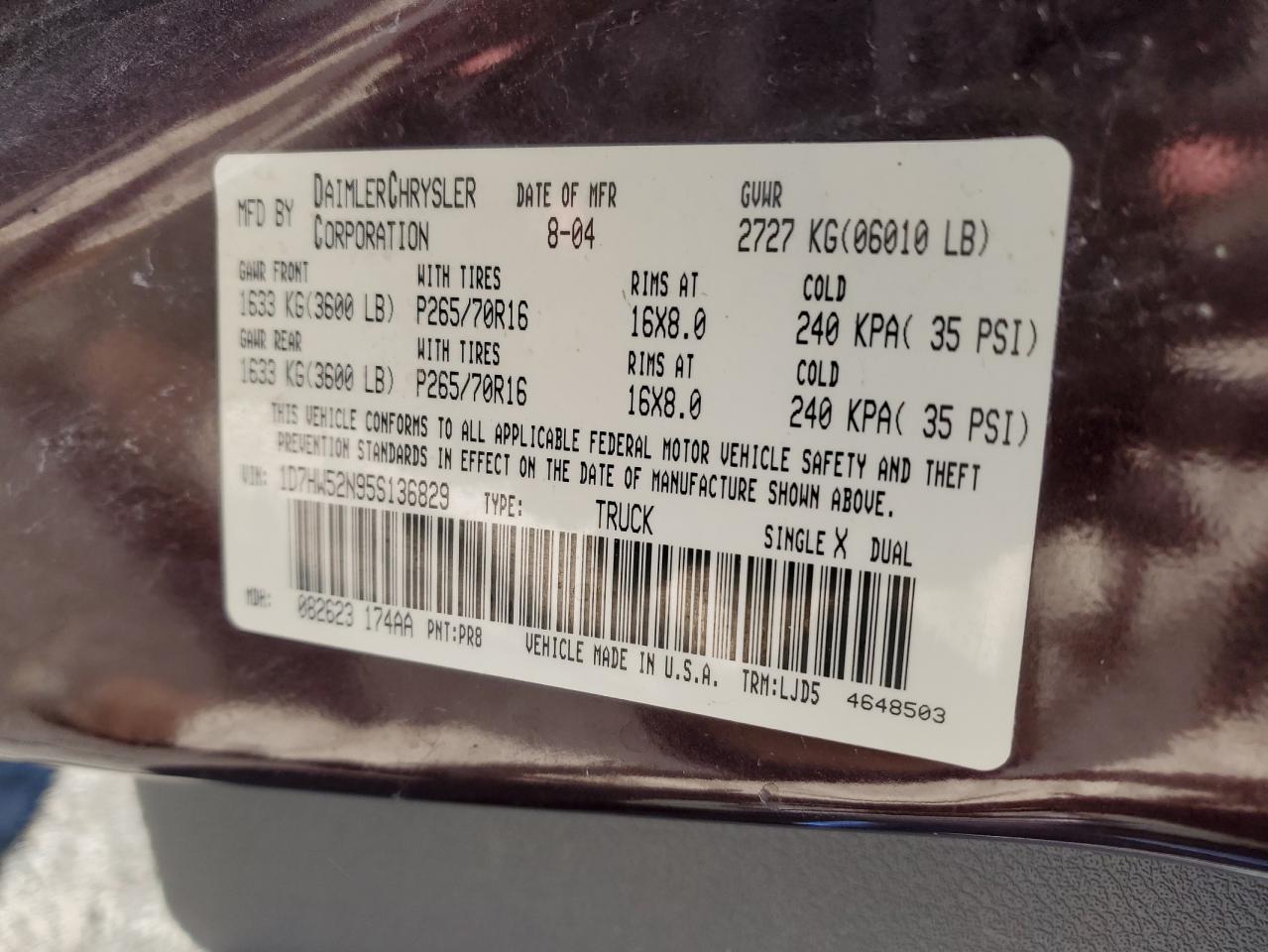 2005 Dodge Dakota VIN 1D7HW52N95S136829 Copart auction photo, minor dent/scratches damage thumbnail 12