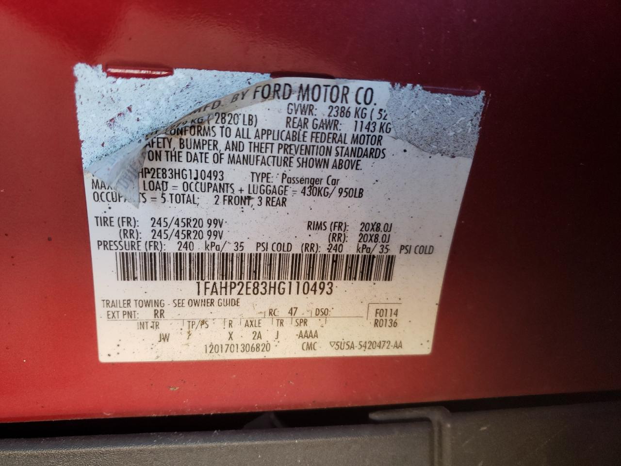 2017 Ford Taurus VIN 1FAHP2E83HG110493 Copart auction photo, rear end / front end damage thumbnail 14
