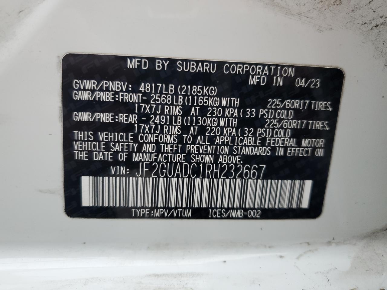 2024 Subaru XV VIN JF2GUADC1RH232667 Copart auction photo, front end / rear end damage thumbnail 16