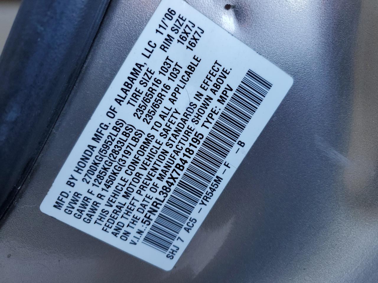 2007 Honda Odyssey VIN 5FNRL384X7B418195 Copart auction photo, all over damage thumbnail 13