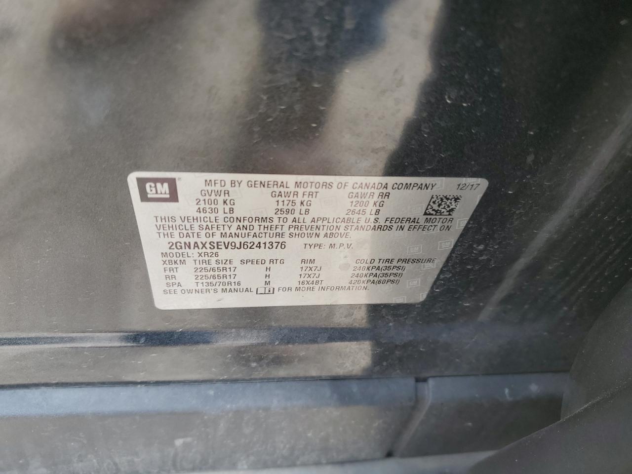 2018 Chevrolet Equinox VIN 2GNAXSEV9J6241376 Copart auction photo, mechanical / minor dent/scratches damage thumbnail 13