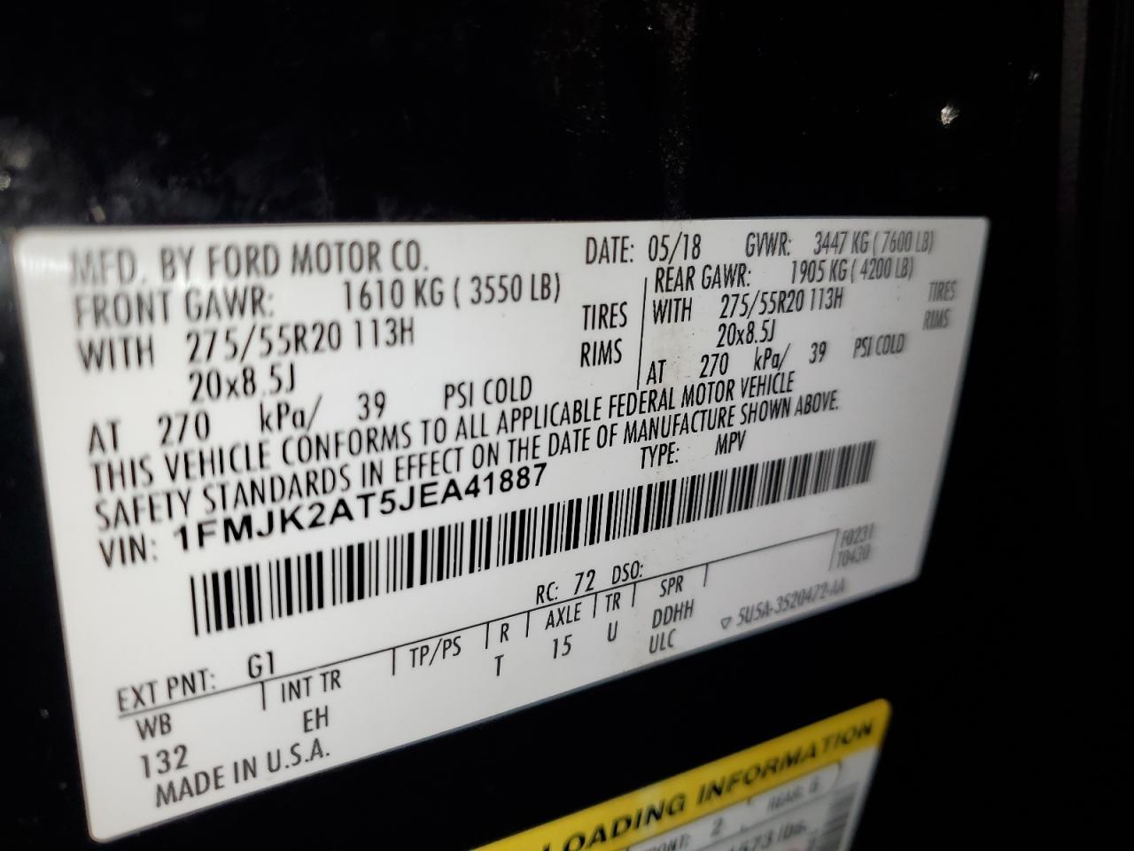 2018 Ford Expedition VIN 1FMJK2AT5JEA41887 Copart auction photo, front end damage thumbnail 15