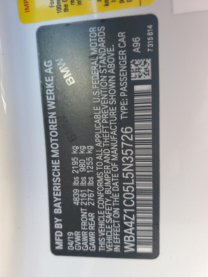 2020 BMW 4er VIN WBA4Z1C05L5N35726 Copart auction photo, water/flood damage thumbnail 13
