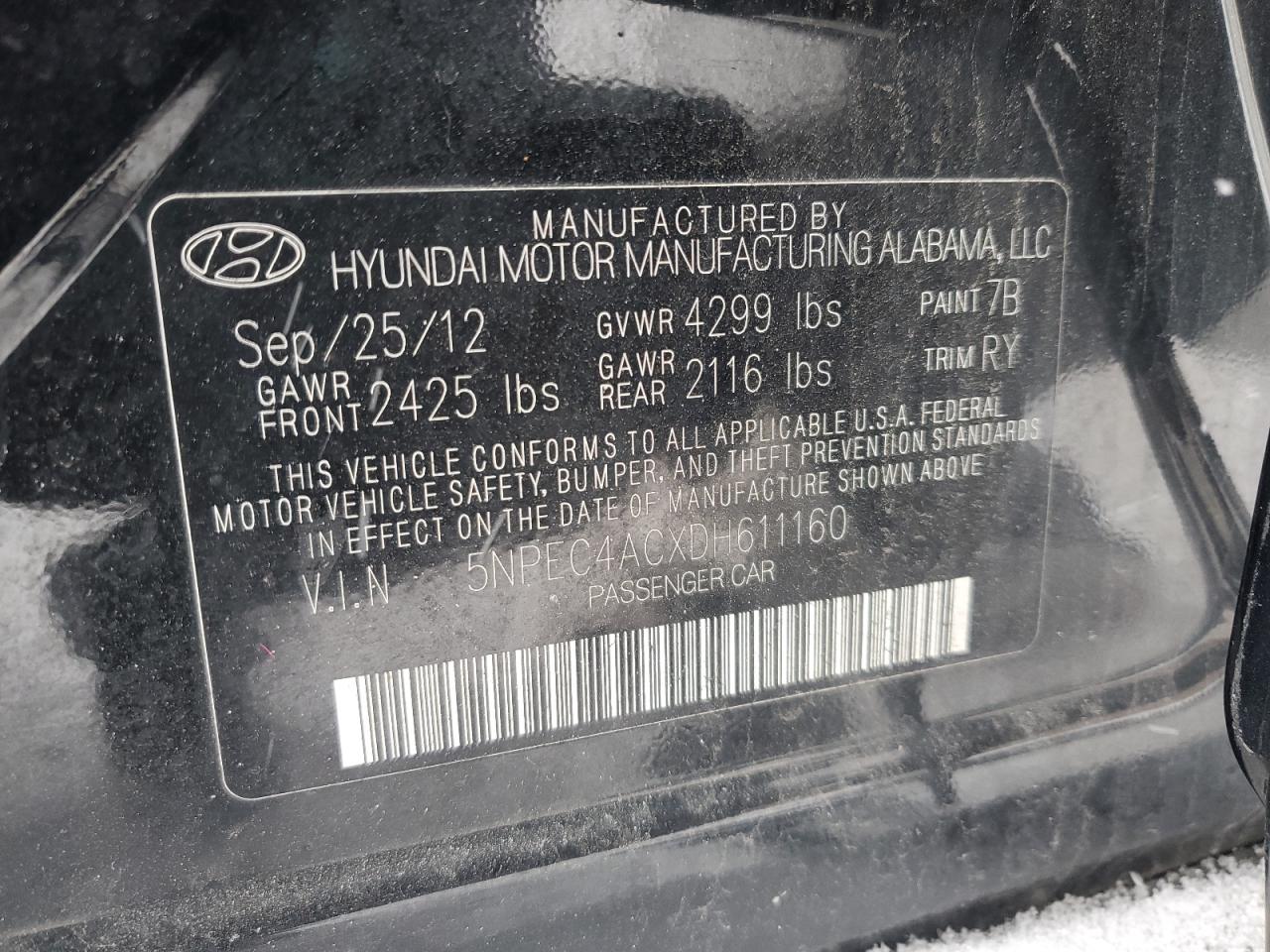 2013 Hyundai Sonata VIN 5NPEC4ACXDH611160 Copart auction photo, front end damage thumbnail 12