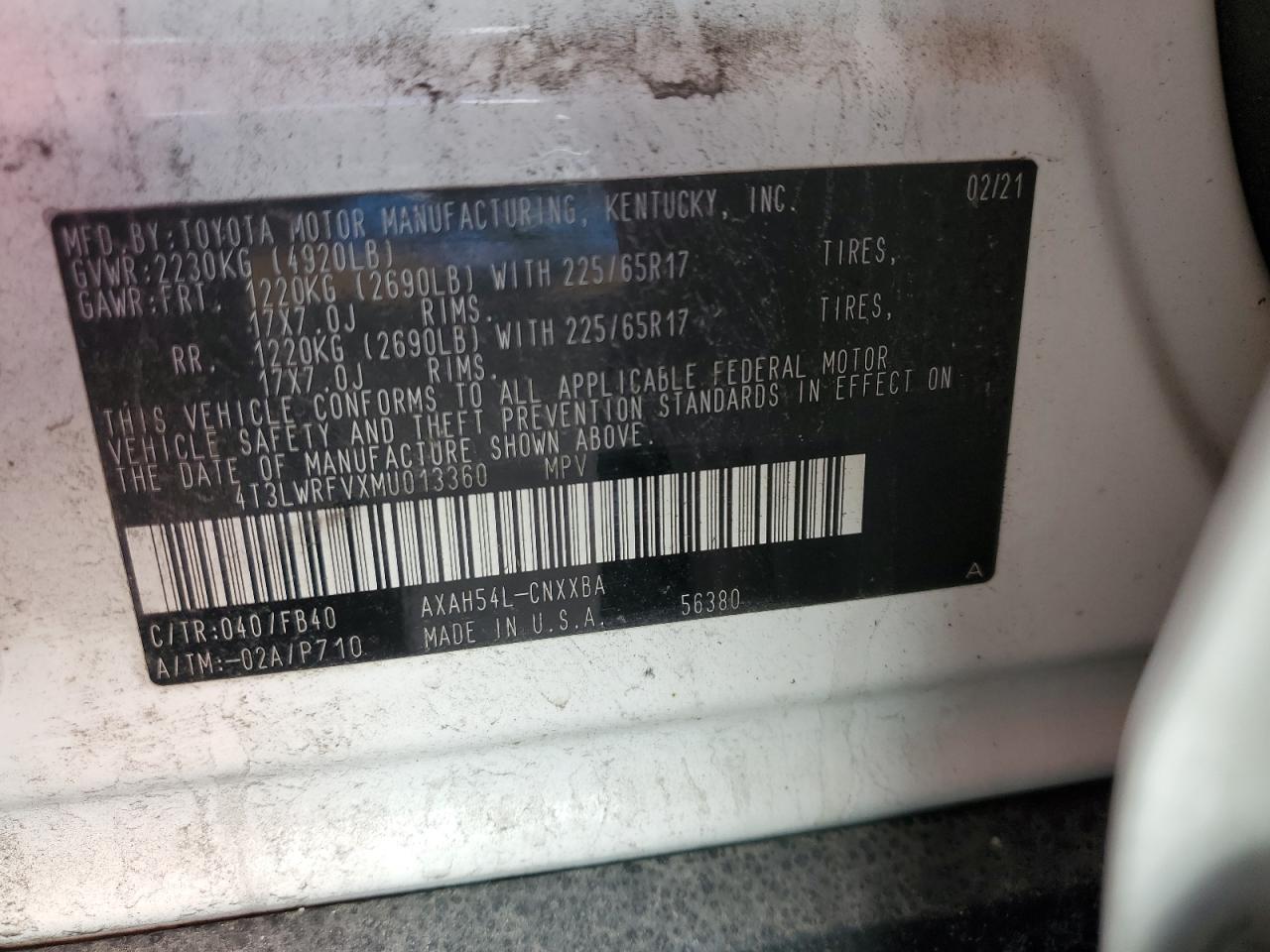 2021 Toyota RAV 4 VIN 4T3LWRFVXMU013360 Copart auction photo, front end / minor dent/scratches damage thumbnail 14