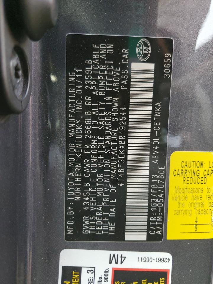 2011 Toyota Camry VIN 4T4BF3EKXBR192544 Copart auction photo, front end / side damage thumbnail 12