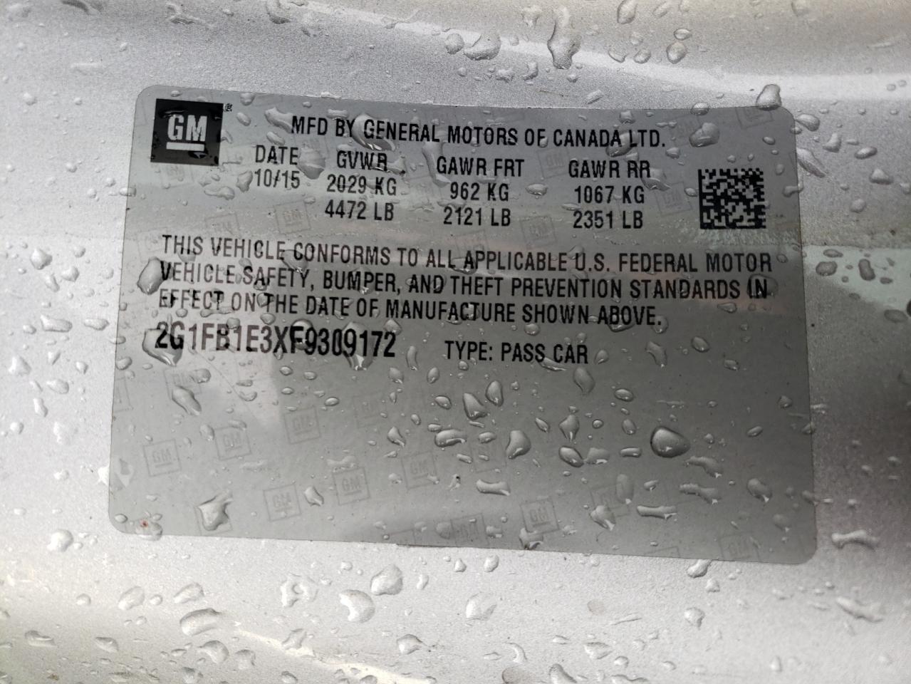 2015 Chevrolet Camaro VIN 2G1FB1E3XF9309172 Copart auction photo, front end / rear end damage thumbnail 14