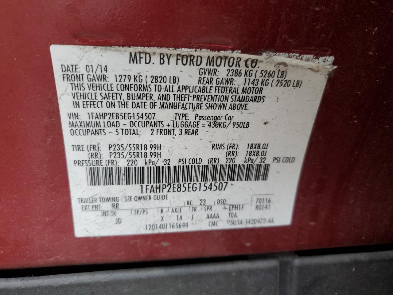2014 Ford Taurus VIN 1FAHP2E85EG154507 Copart auction photo, rear end / side damage thumbnail 13