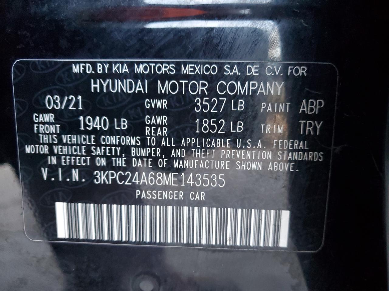 2021 Hyundai Accent VIN 3KPC24A68ME143535 Copart auction photo, side damage thumbnail 13