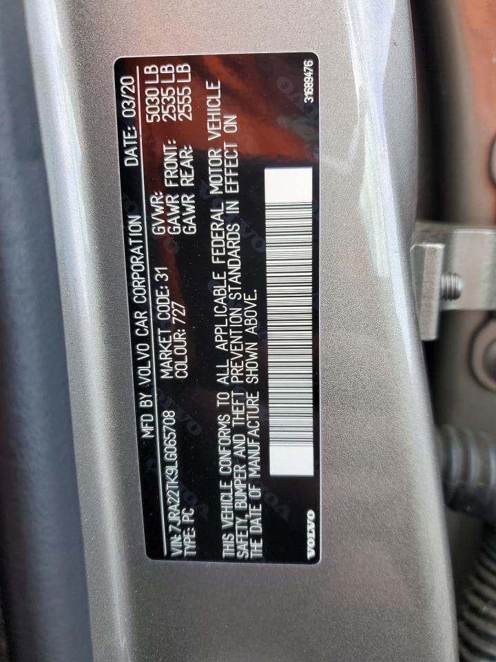 2020 Volvo S60 VIN 7JRA22TK9LG065708 Copart auction photo, front end damage thumbnail 12