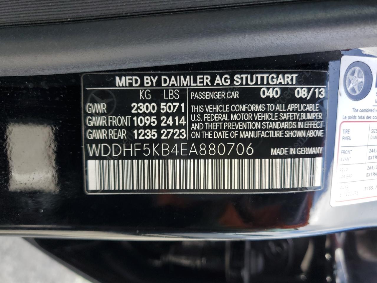 2014 Mercedes-Benz E-klasse VIN WDDHF5KB4EA880706 Copart auction photo, front end damage thumbnail 13
