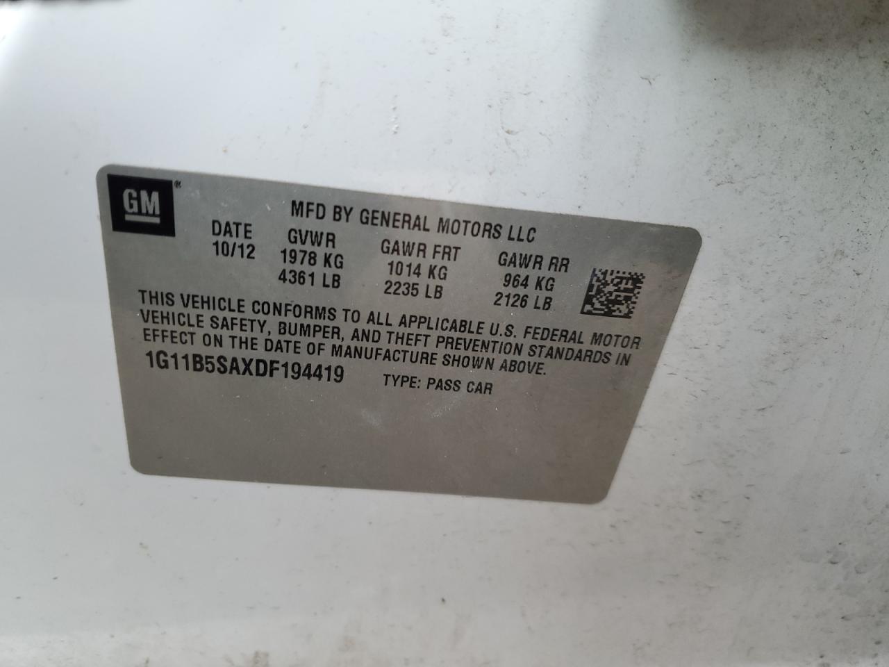 2013 Chevrolet Malibu VIN 1G11B5SAXDF194419 Copart auction photo, front end damage thumbnail 12