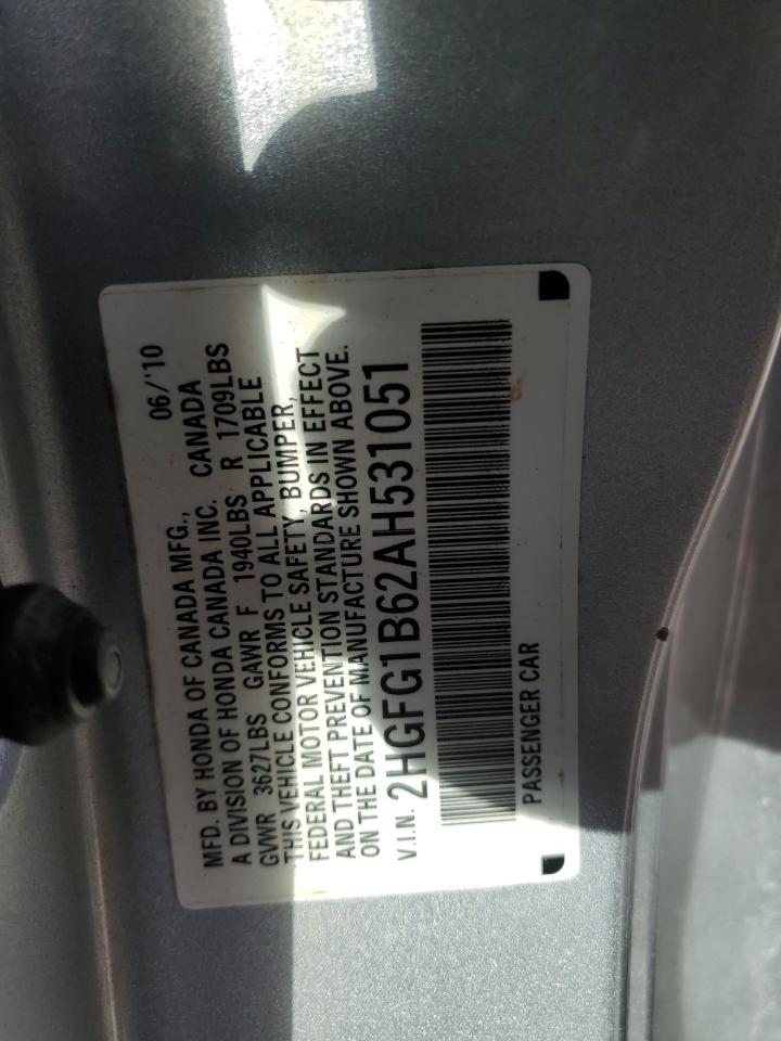 2010 Honda Civic VIN 2HGFG1B62AH531051 Copart auction photo, front end damage thumbnail 13