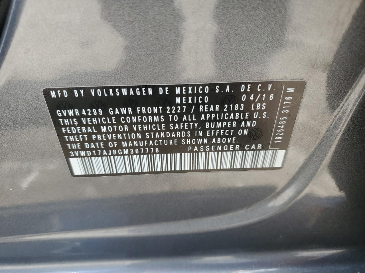 2016 Volkswagen Jetta VIN 3VWD17AJ8GM367778 Copart auction photo, rear end / side damage thumbnail 14