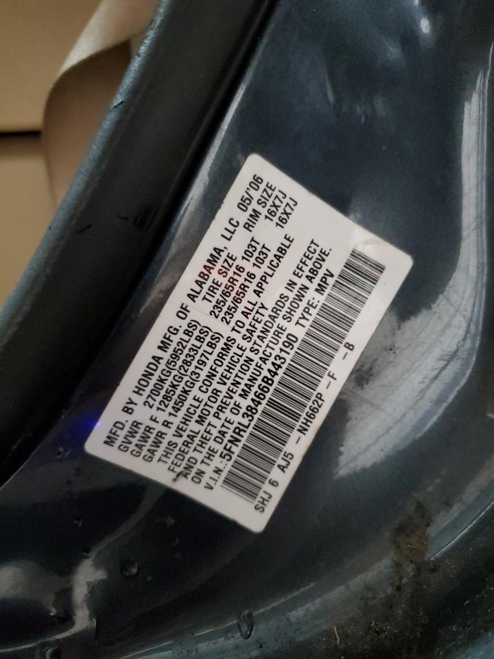 2006 Honda Odyssey VIN 5FNRL38466B443190 Copart auction photo, side / front end damage thumbnail 13