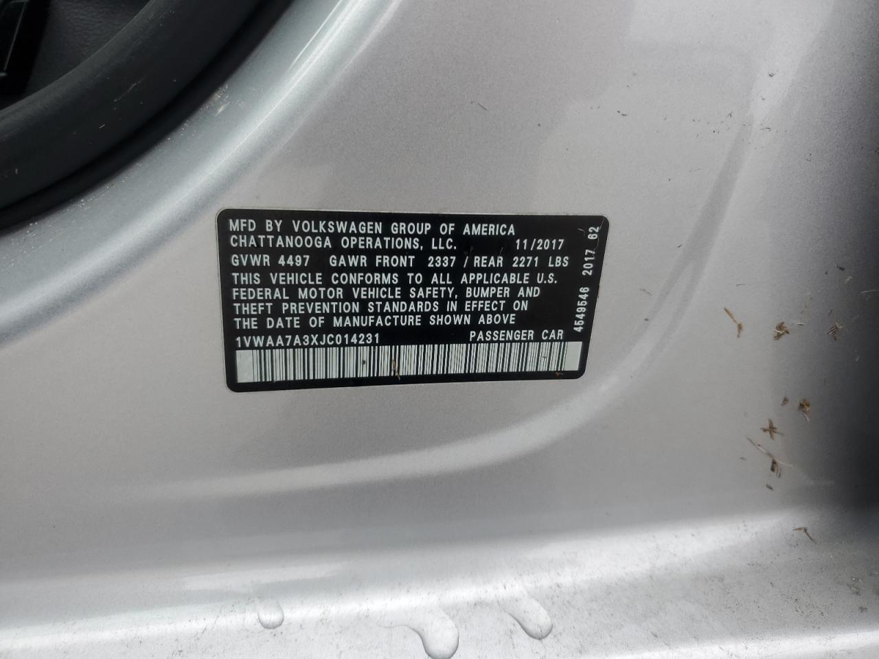 2018 Volkswagen Passat VIN 1VWAA7A3XJC014231 Copart auction photo, water/flood damage thumbnail 13