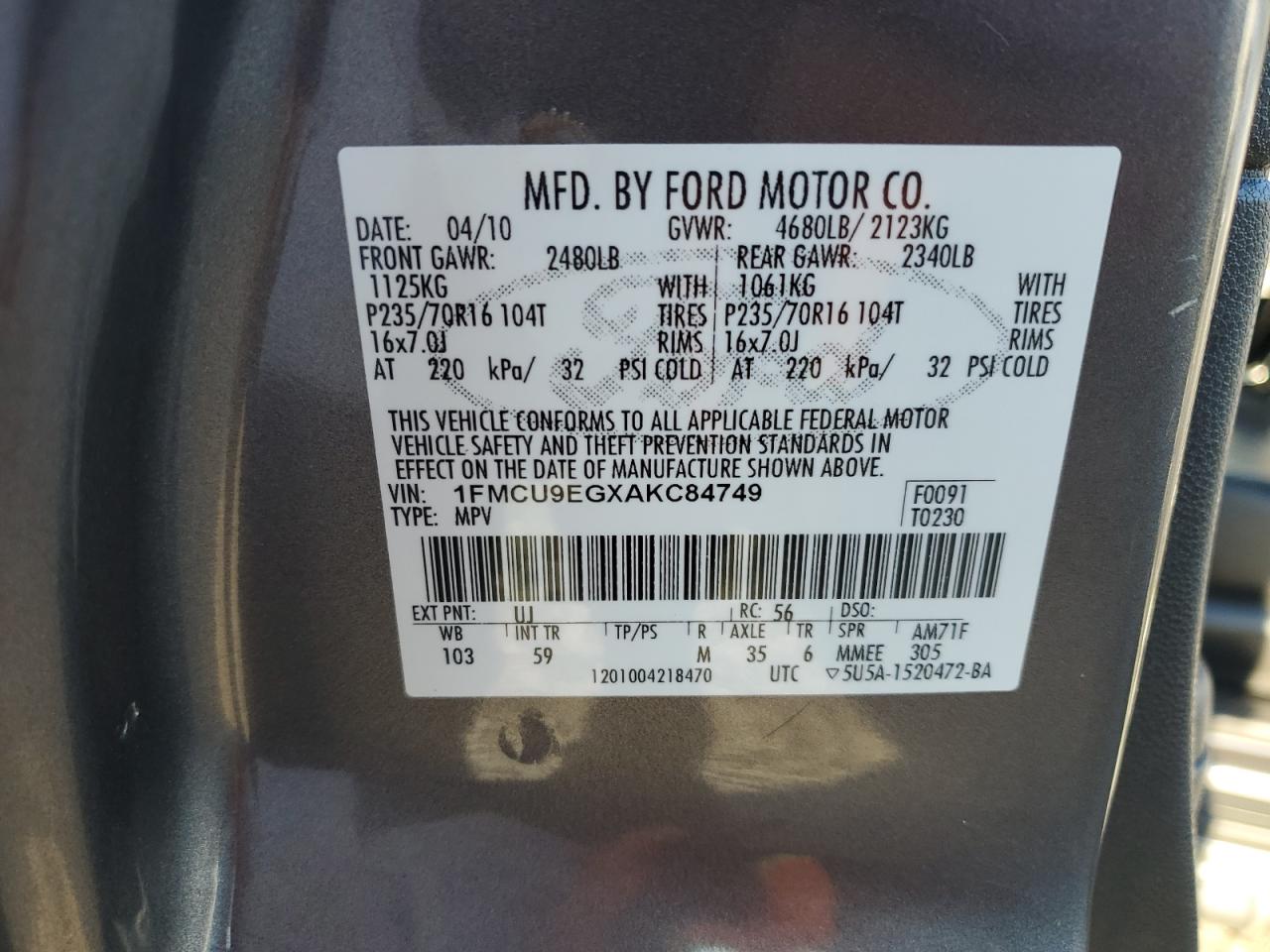 2010 Ford Escape VIN 1FMCU9EGXAKC84749 Copart auction photo, front end damage thumbnail 14